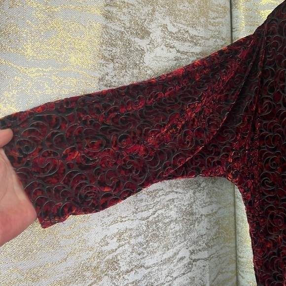 Tanjay Red/Black Velvet Burnout Detail Long Sleeve Blouse Size L - Picture 5 of 11